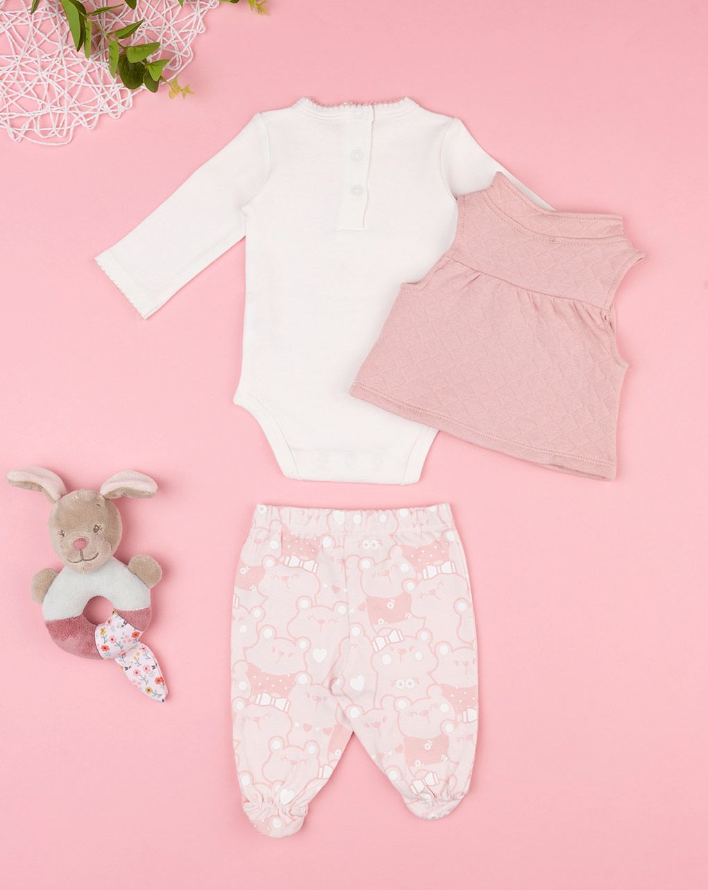 βρεφικό σετ κορμάκι, γιλέκο και γκέτα bear trace για κορίτσι - Prénatal