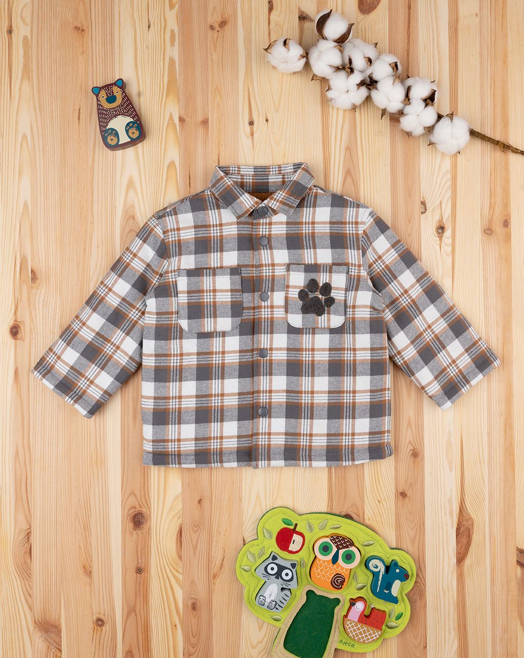 βρεφικό overshirt καρό καφέ με σκυλάκι για αγόρι