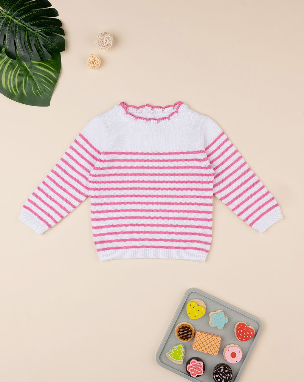 βρεφικό πουλόβερ λευκό ριγέ ροζ για κορίτσι