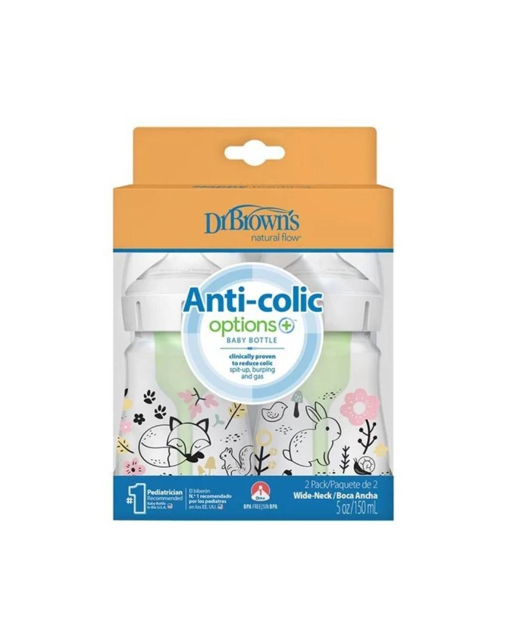 Dr. brown's options+ πλαστικό μπιμπερό με φαρδύ λαιμό & anti-colic δάσος 2x150ml 112.70.1hc.386 - Dr Browns