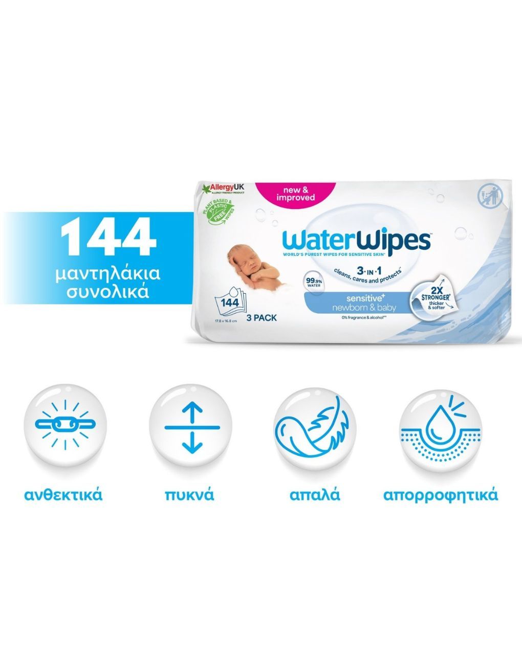 Waterwipes βιοδιασπώμενα μωρομάντηλα 144τμχ (3x48) ib/420118 - WaterWipes