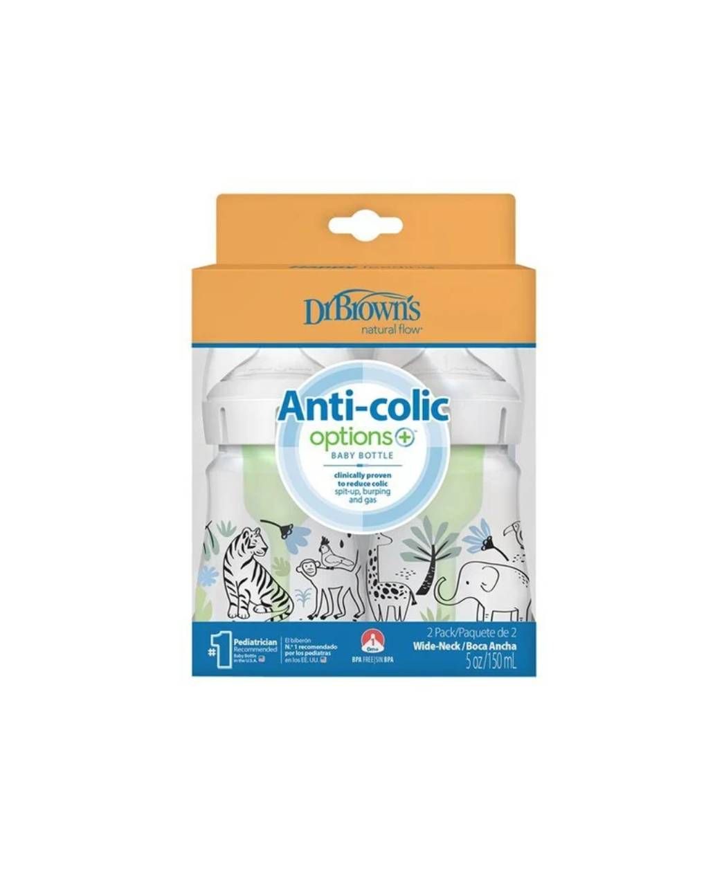 Dr. brown's options+ πλαστικό μπιμπερό με φαρδύ λαιμό & anti-colic ζούγκλα 2x150ml 112.70.1hc.385 - Dr Browns