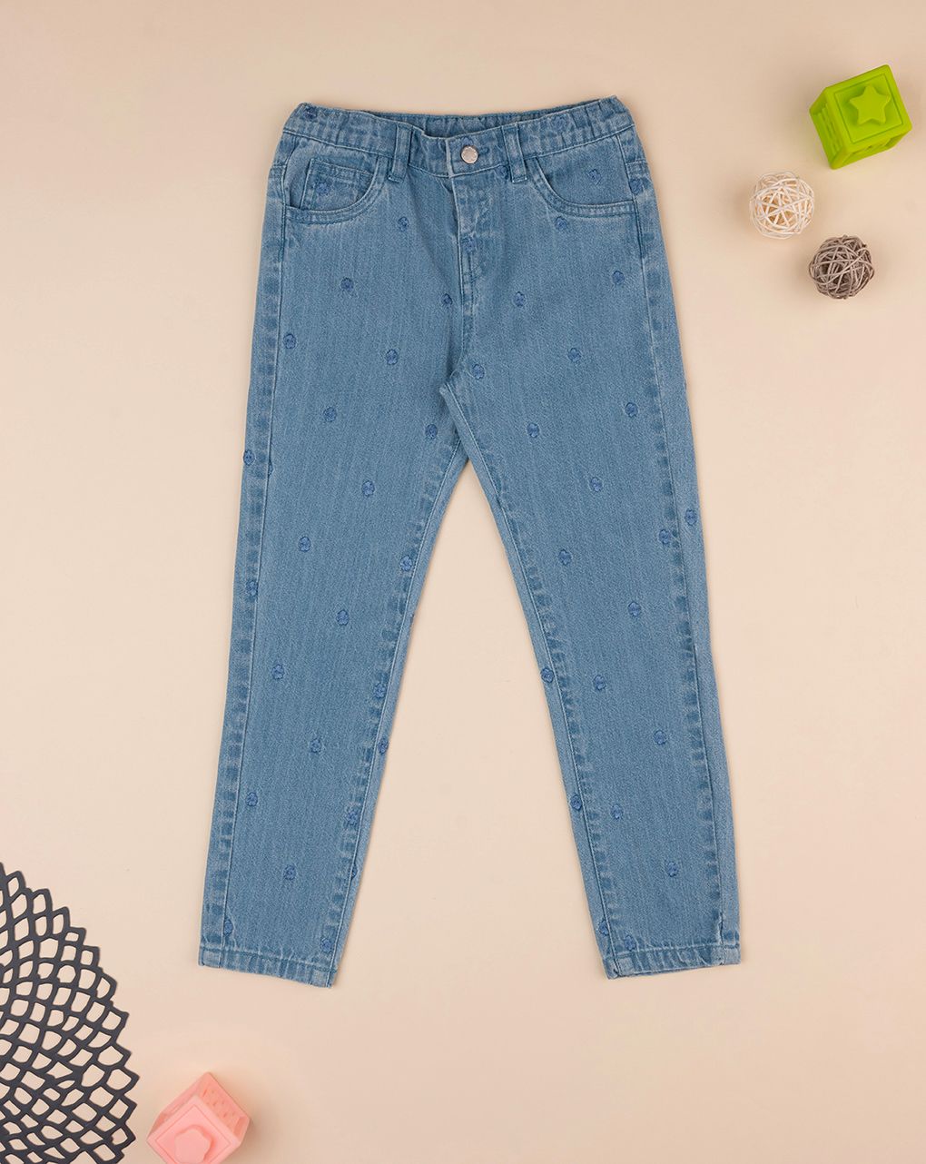 παιδικό τζιν παντελόνι μπλε με λουλούδια για κορίτσι - Prénatal