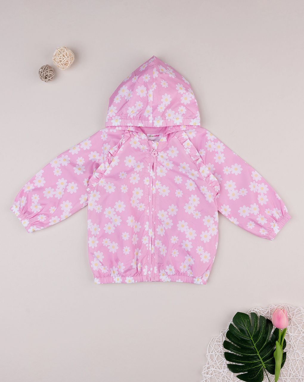 βρεφικό αντιανεμικό μπουφάν ροζ με μαργαρίτες για κορίτσι