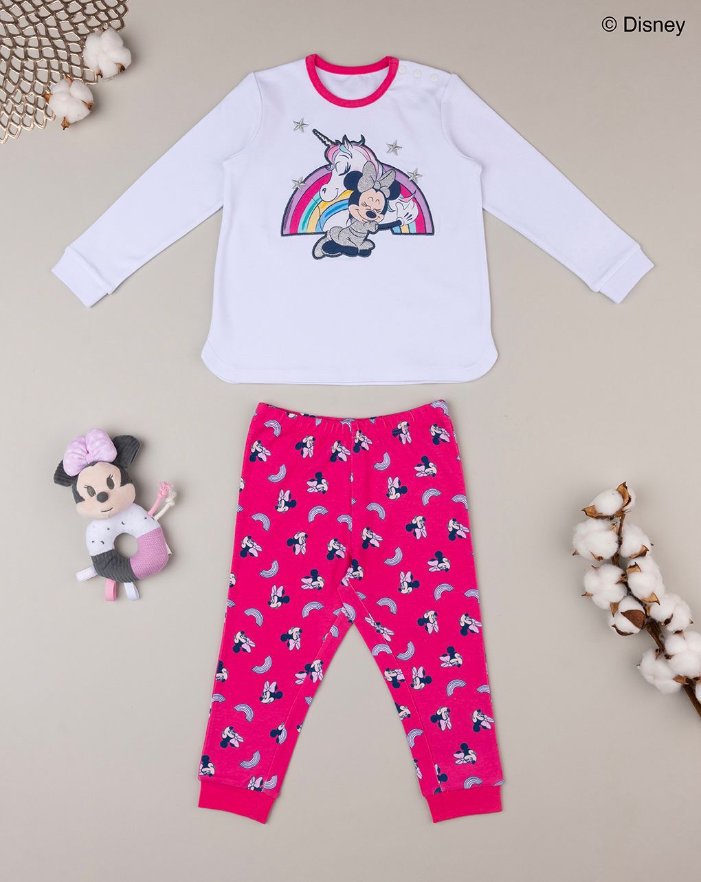 βρεφική πιτζάμα λευκή/φούξια με τη minnie για κορίτσι