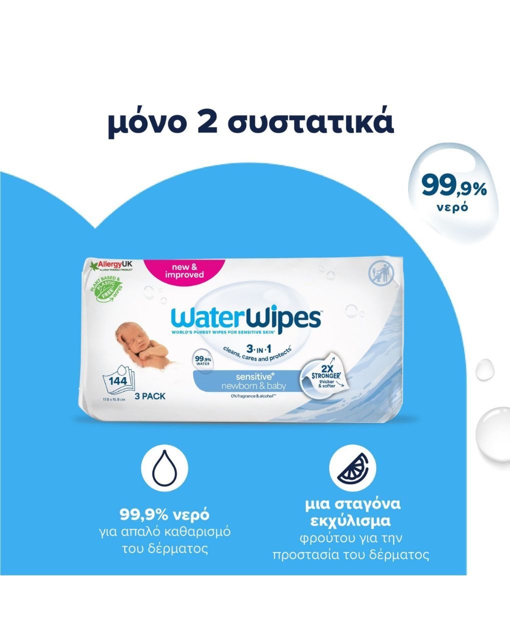 Waterwipes βιοδιασπώμενα μωρομάντηλα 144τμχ (3x48) ib/420118 - WaterWipes