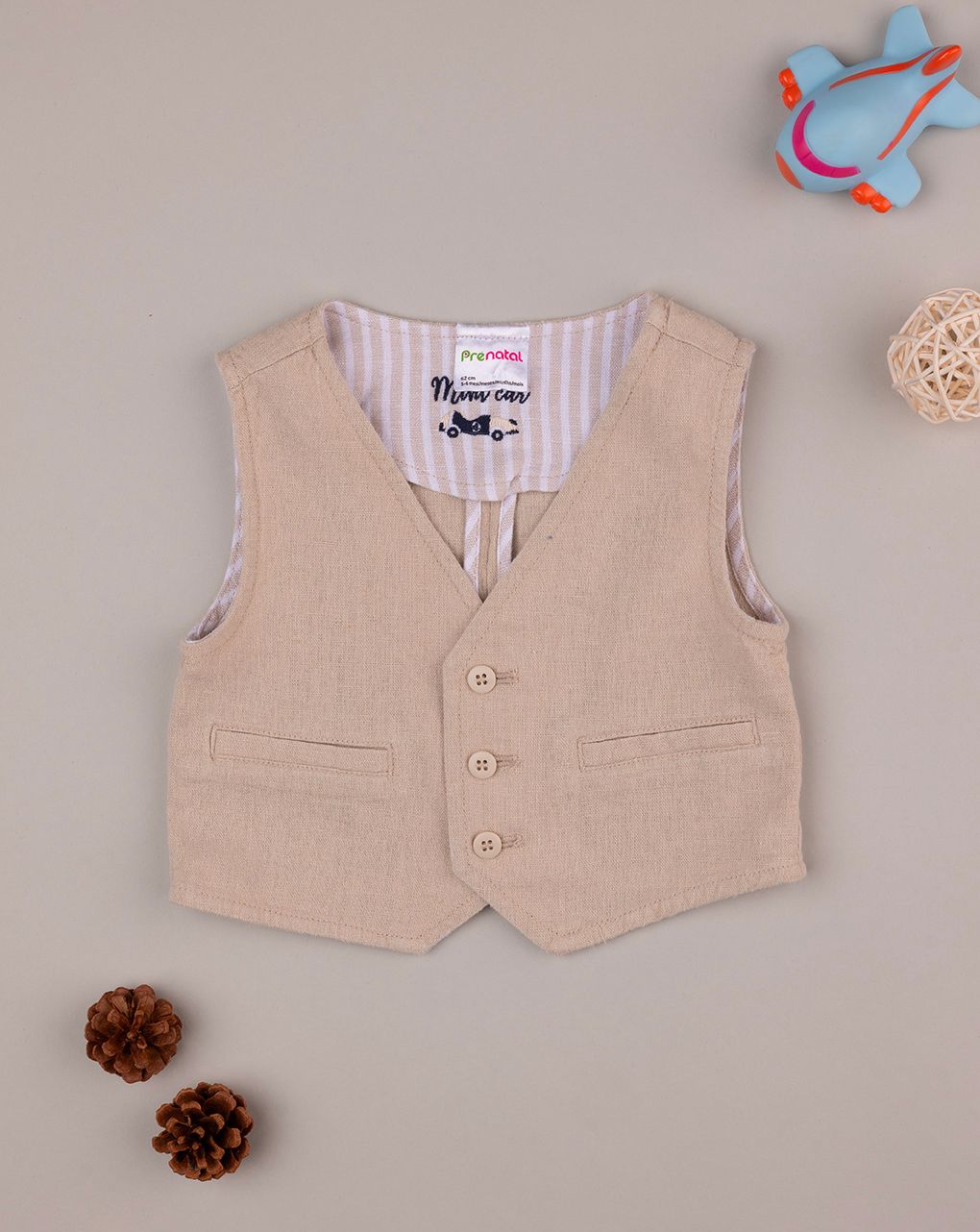 βρεφικό γιλέκο λινό μπεζ mini car για αγόρι