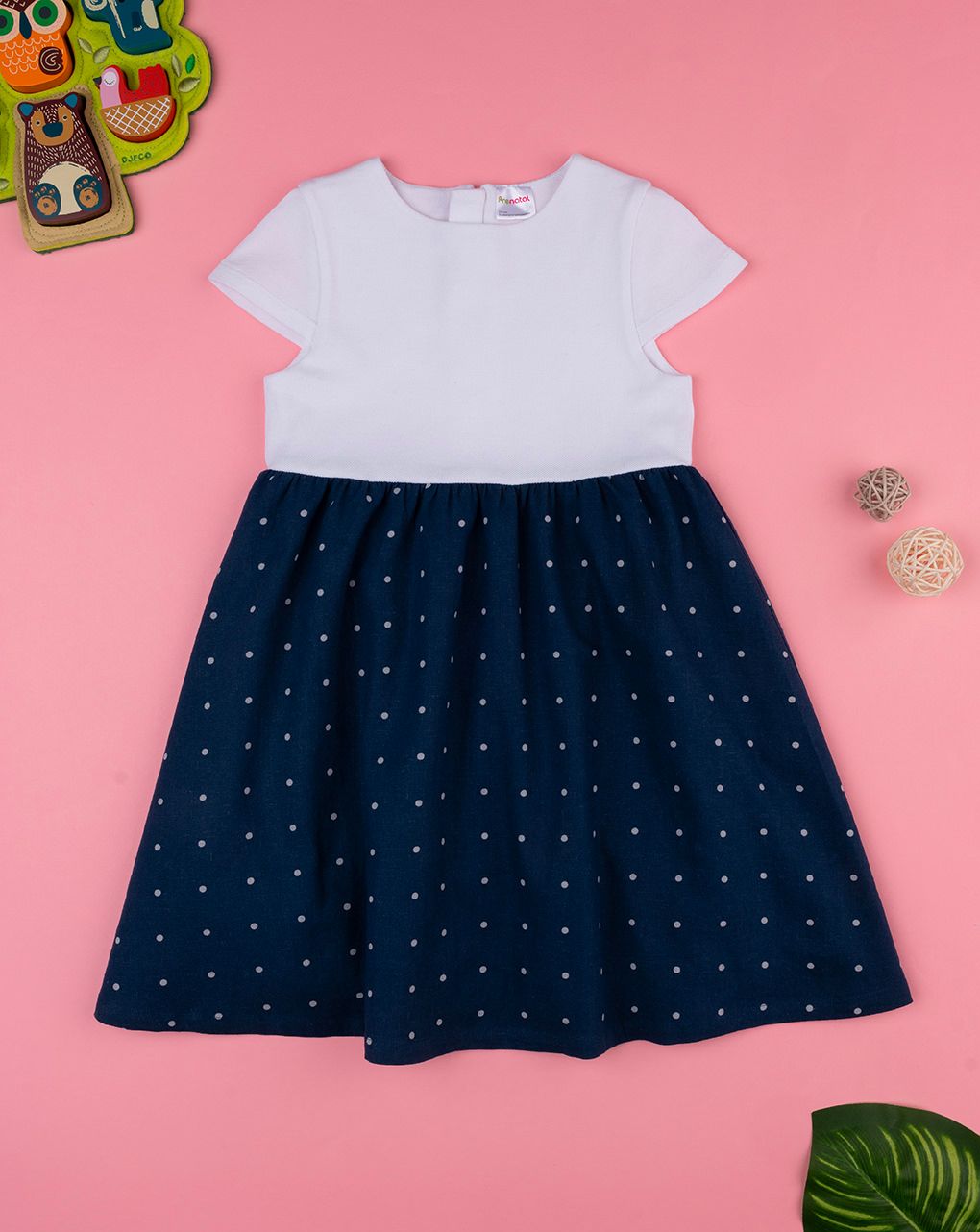 παιδικό φόρεμα λινό λευκό/μπλε πουά για κορίτσι - Prénatal