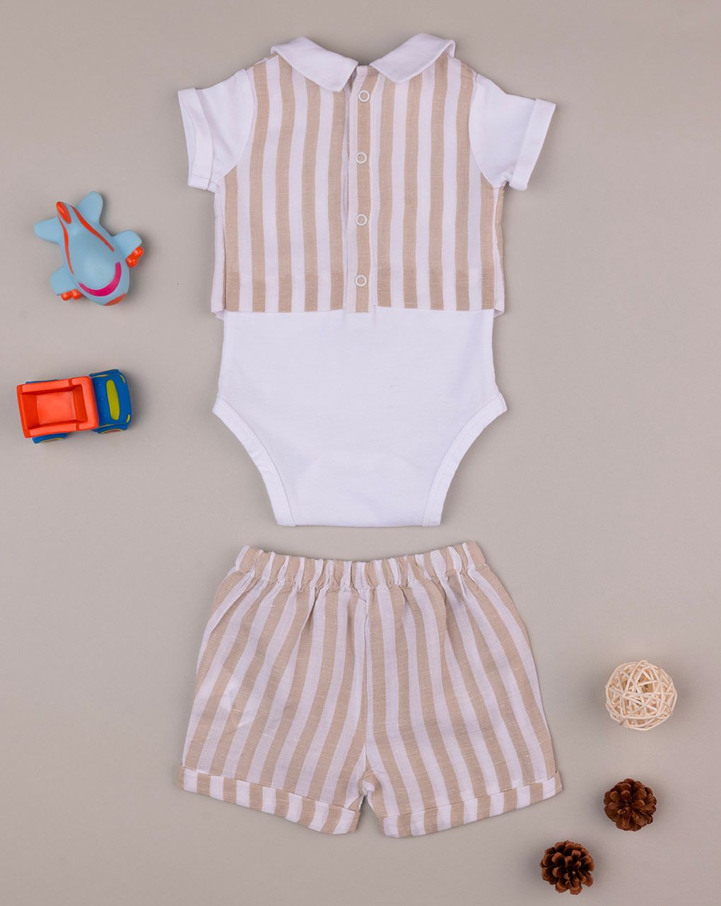 βρεφικό σετ κορμάκι και σορτσάκι μπεζ/λευκό για αγόρι - Prénatal