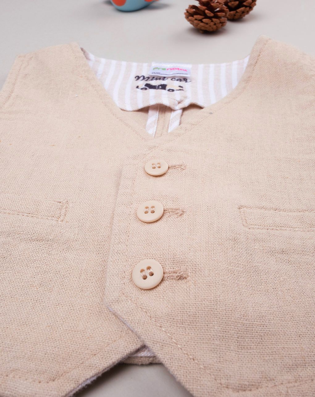 βρεφικό γιλέκο λινό μπεζ mini car για αγόρι - Prénatal