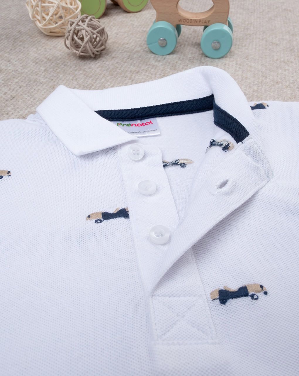 βρεφικό t-shirt πόλο πικέ λευκό με αυτοκινητάκια για αγόρι - Prénatal
