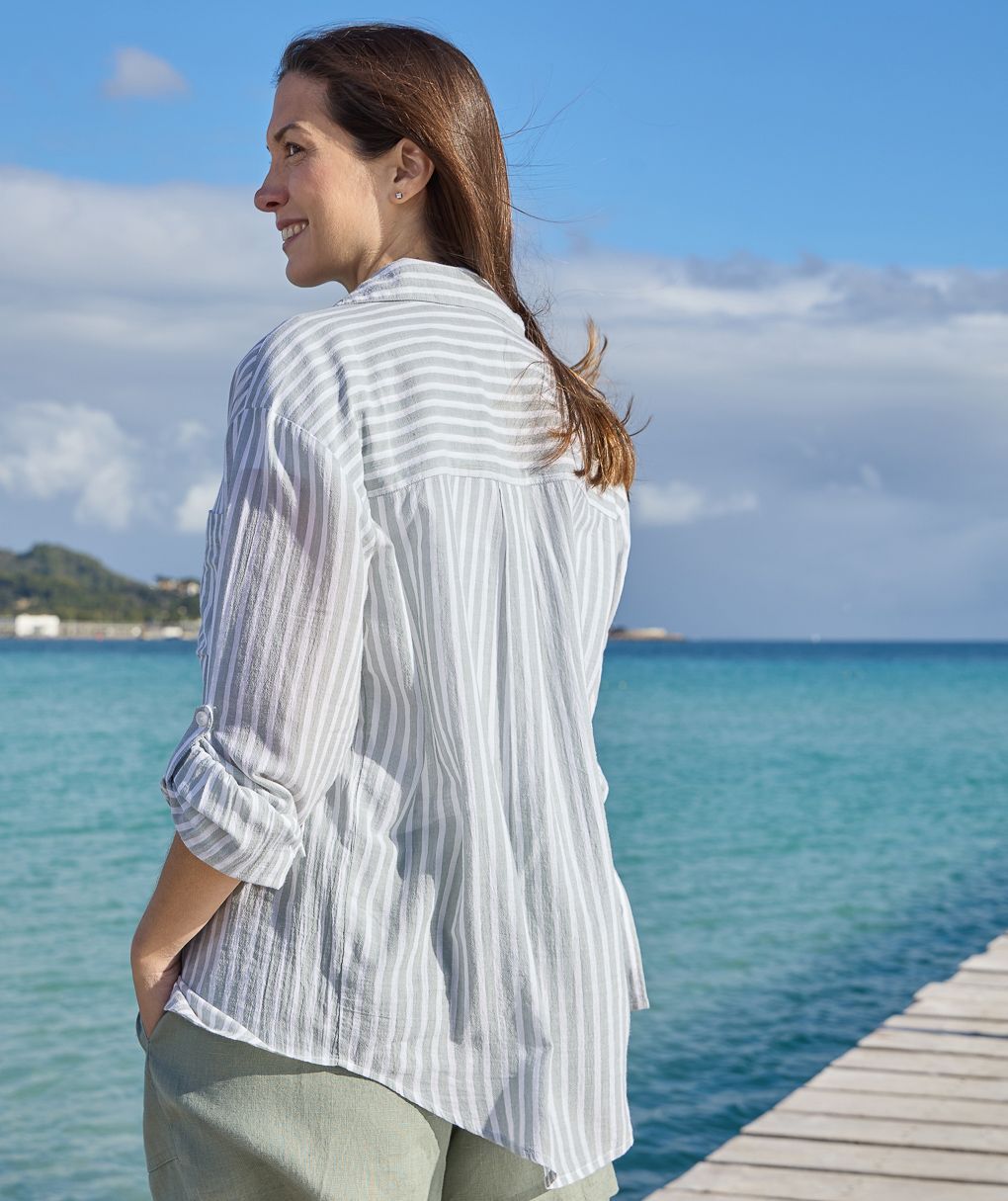 γυναικείο πουκάμισο εγκυμοσύνης/θηλασμού ριγέ λευκό/χακί - Prénatal