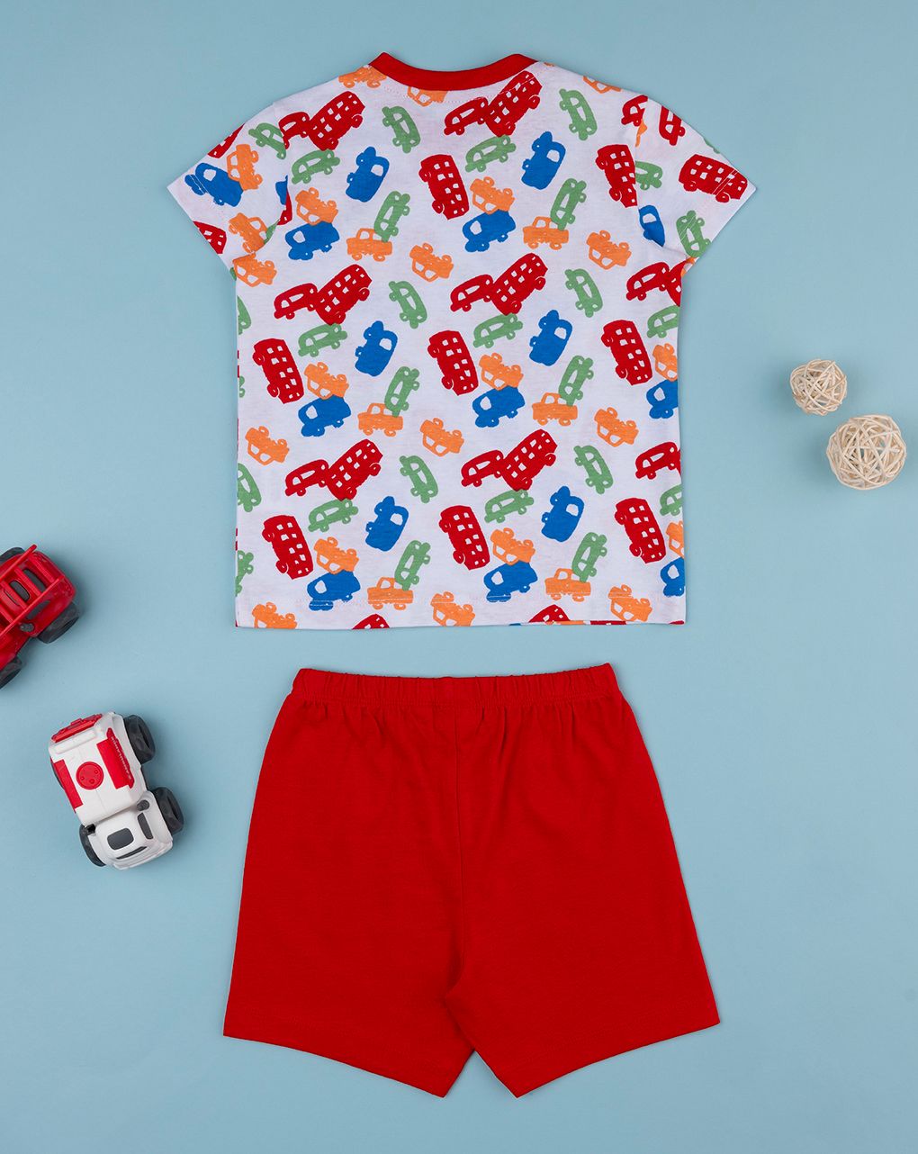 βρεφική πιτζάμα λευκή/κόκκινη με οχήματα για αγόρι - Prénatal