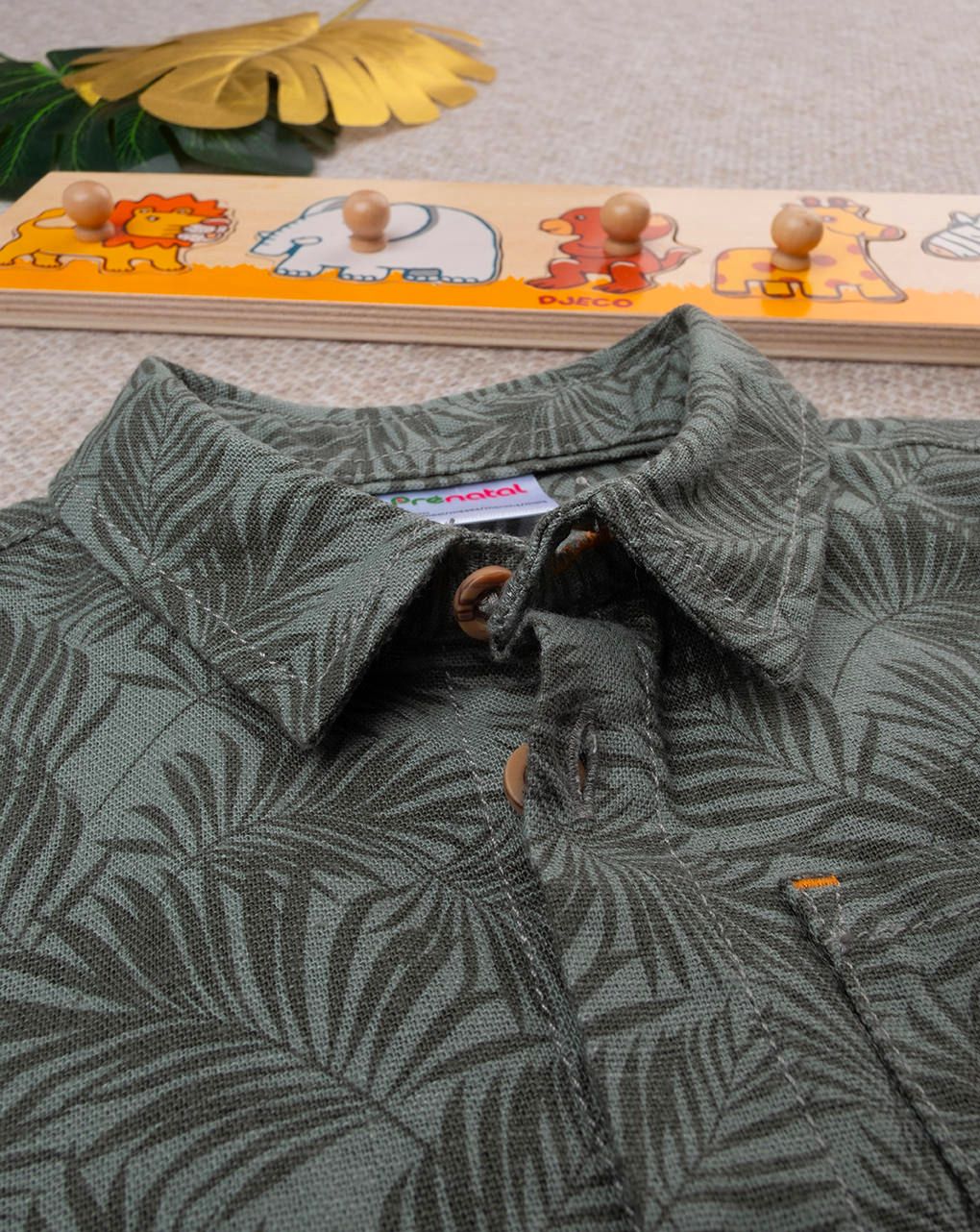 βρεφικό πουκάμισο λινό χακί με λιονταράκι για αγόρι - Prénatal