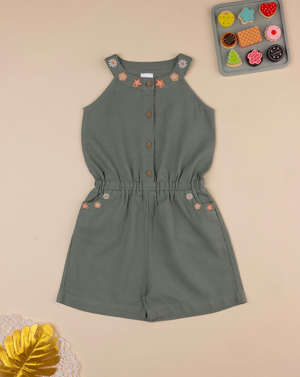 παιδική ολόσωμη φόρμα χακί με λουλούδια για κορίτσι - Prénatal