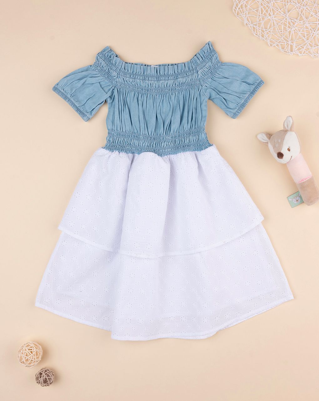 παιδικό φόρεμα τζιν/λευκό δαντέλα sangallo για κορίτσι - Prénatal