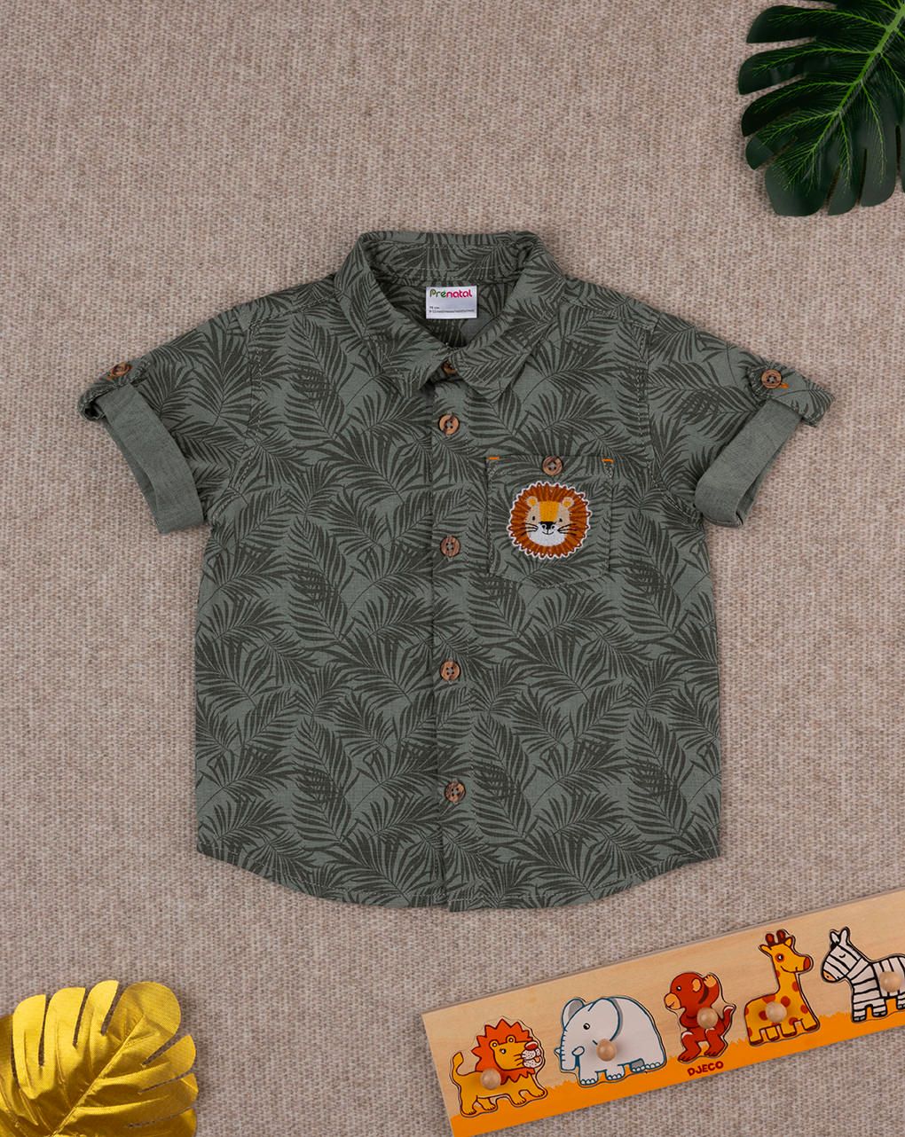 βρεφικό πουκάμισο λινό χακί με λιονταράκι για αγόρι - Prénatal