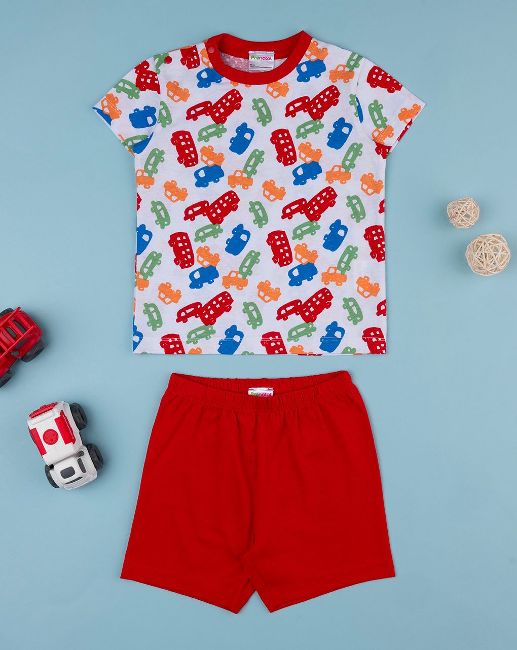 βρεφική πιτζάμα λευκή/κόκκινη με οχήματα για αγόρι - Prénatal
