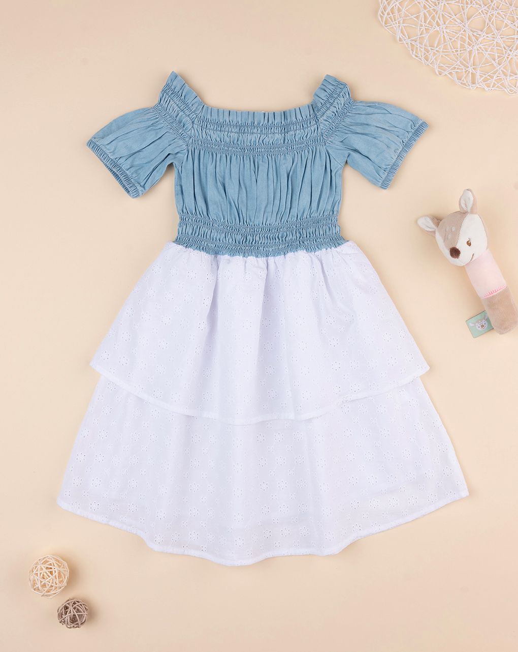 παιδικό φόρεμα τζιν/λευκό δαντέλα sangallo για κορίτσι