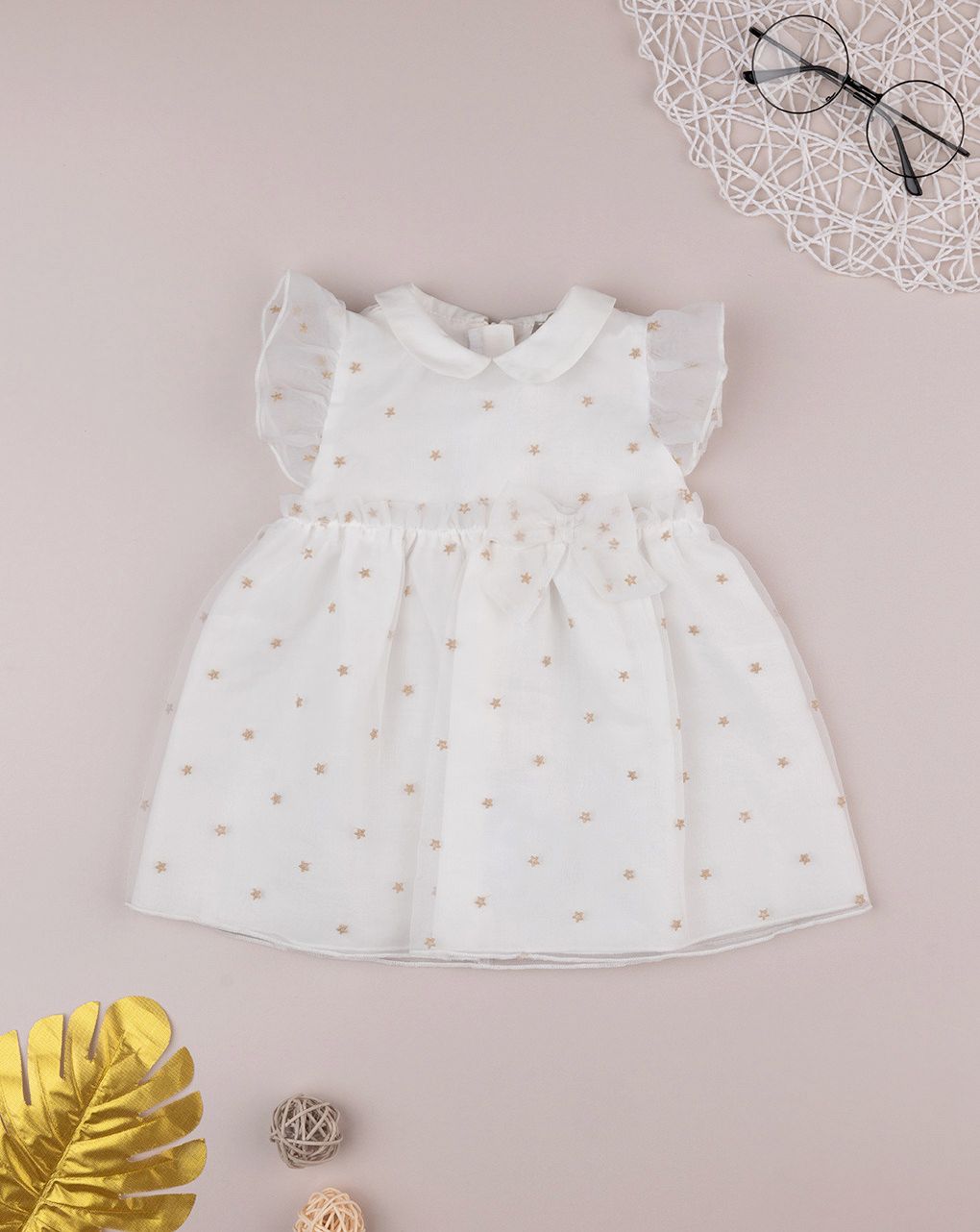 βρεφικό φόρεμα λευκό από οργάντζα με αστεράκια για κορίτσι - Prénatal