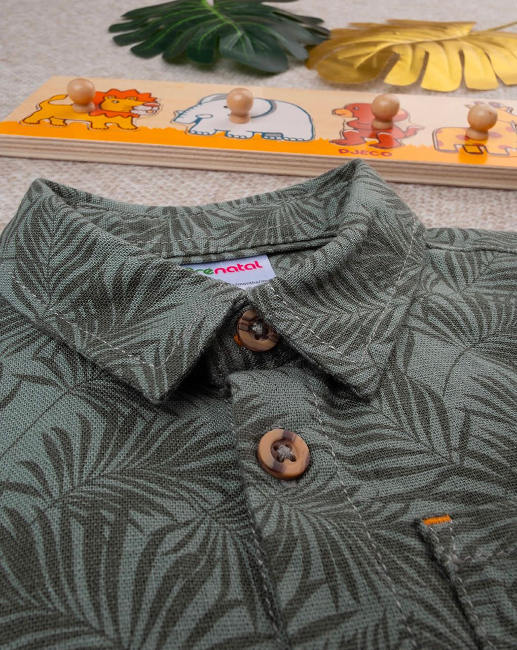 βρεφικό πουκάμισο λινό χακί με λιονταράκι για αγόρι - Prénatal