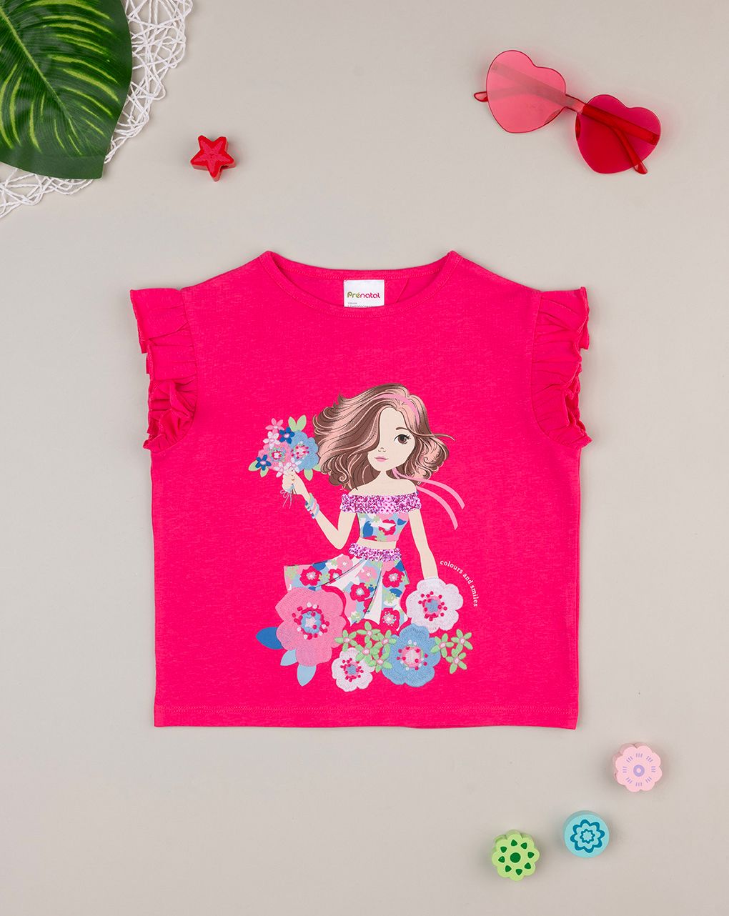 παιδικό t-shirt φούξια φλοράλ για κορίτσι - Prénatal
