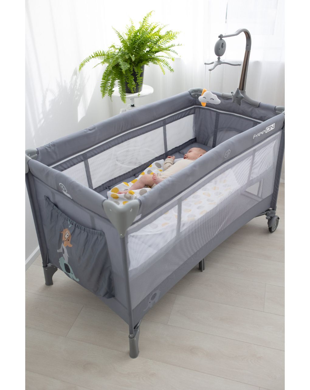 Freeon παρκοκρέβατο 2 επιπέδων 125x65cm elephants grey, 81514 - Freeon