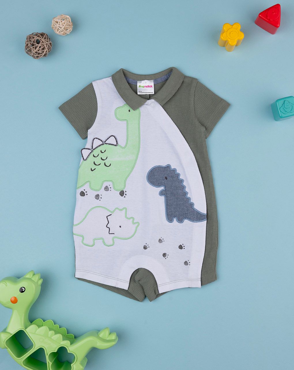 βρεφικό φορμάκι λευκό/χακί happy dino για αγόρι - Prénatal