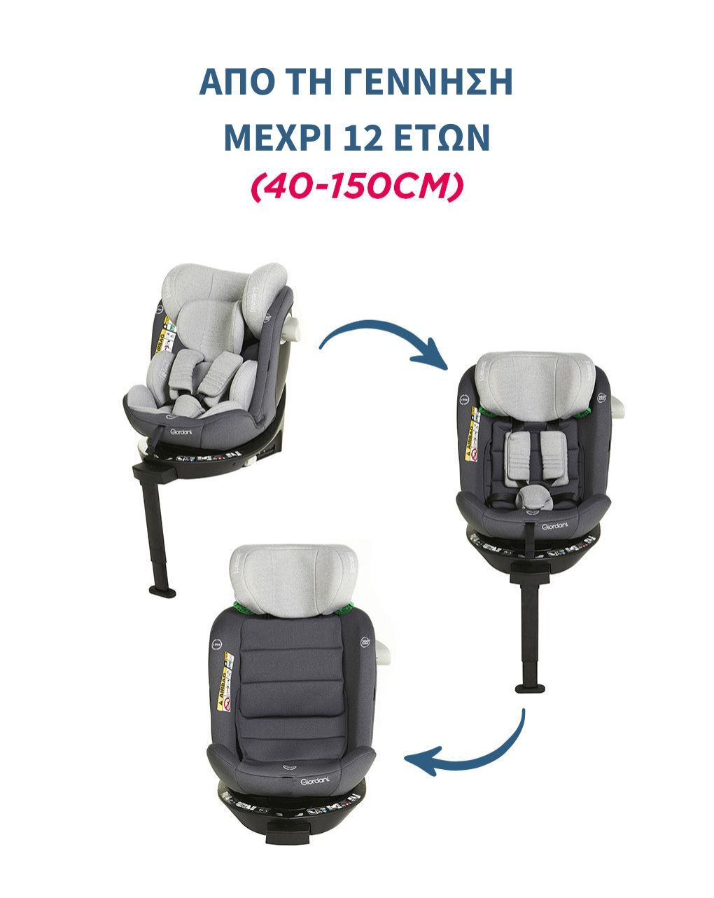 Giordani κάθισμα αυτοκινήτου crono i-size (40-150cm) 360° isofix γκρι ανοιχτό - Giordani