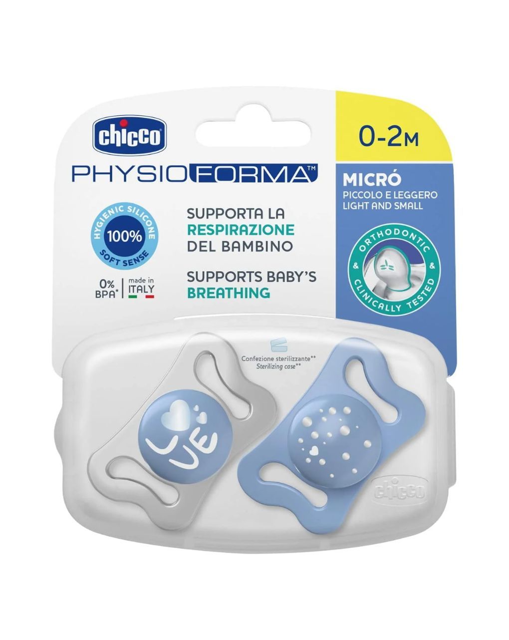 Chicco σετ πιπίλες 2 τμχ physioforma micro 0-2m, σιελ - Chicco