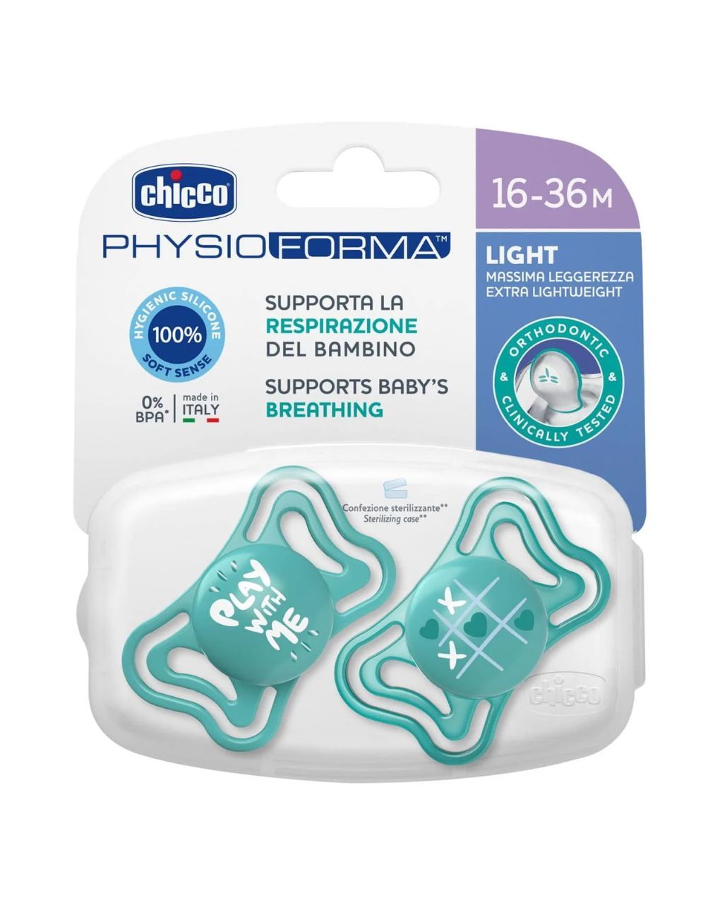Chicco σετ πιπίλες 2 τμχ physio forma light 16-36m, σιελ - Chicco