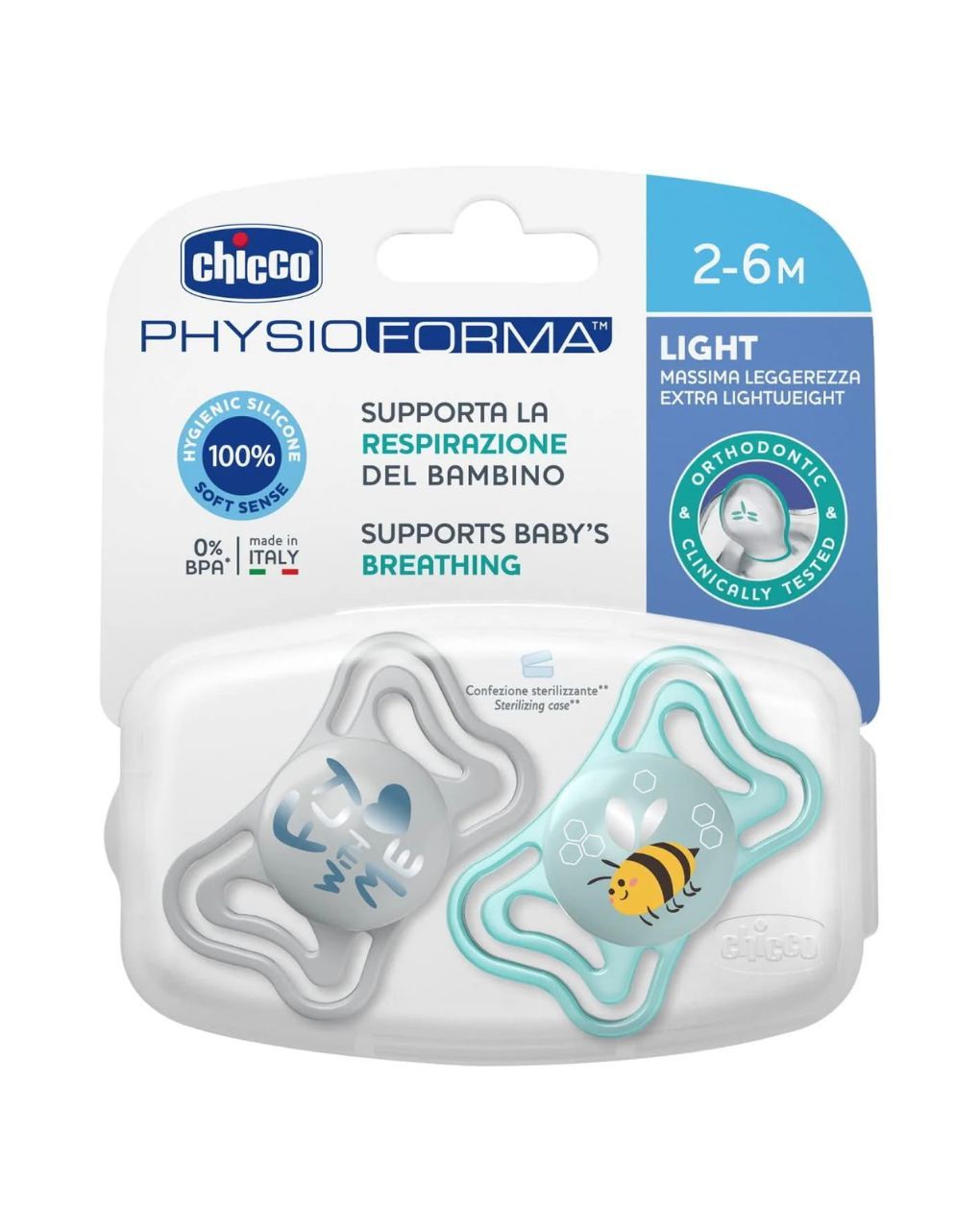 Chicco σετ πιπίλες 2 τμχ physio forma light 2-6m, σιελ - Chicco