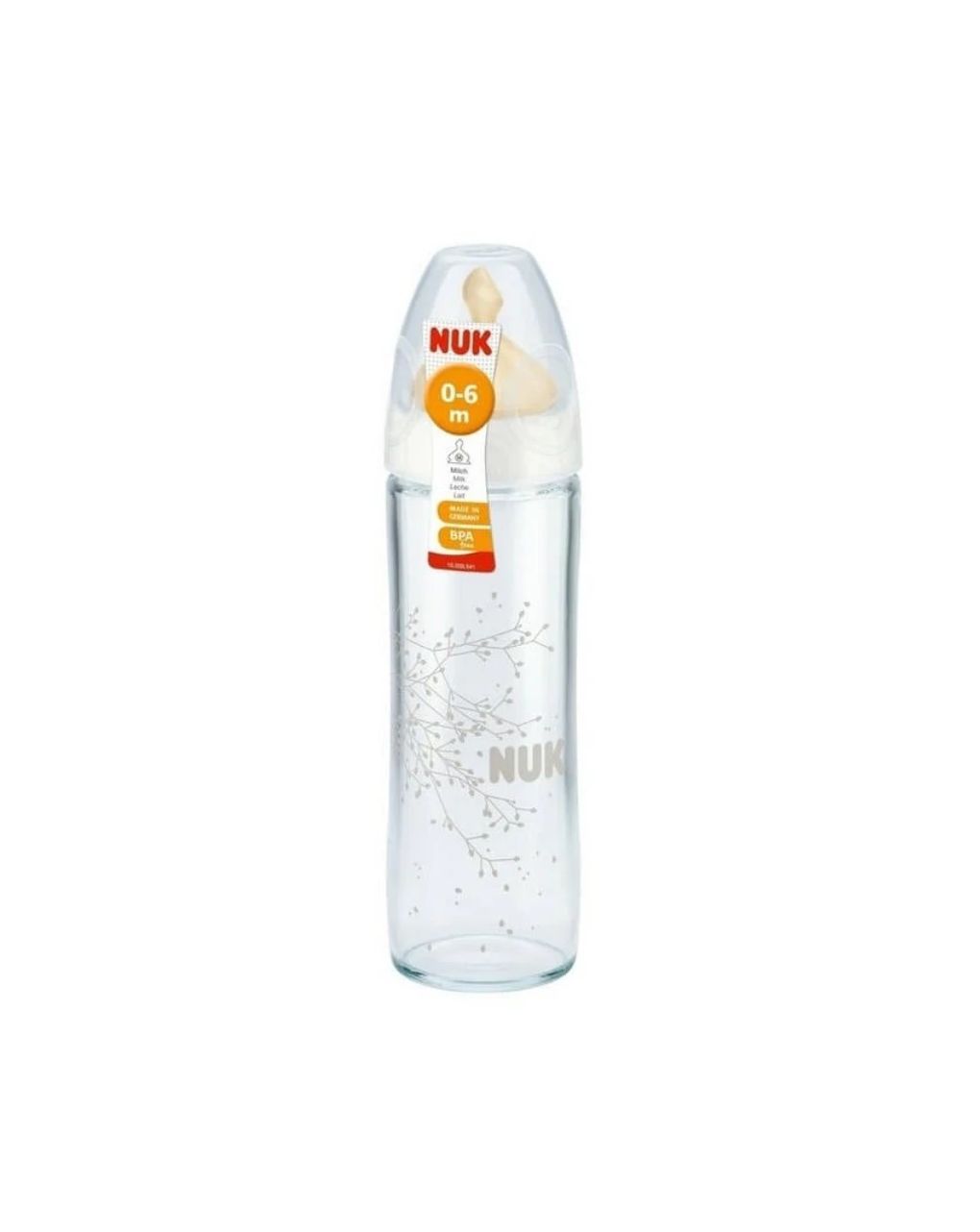 Nuk - classic γυάλινο μπιμπερό με θηλή καουτσούκ 0-6m 240ml σε διάφορα σχέδια - Nuk