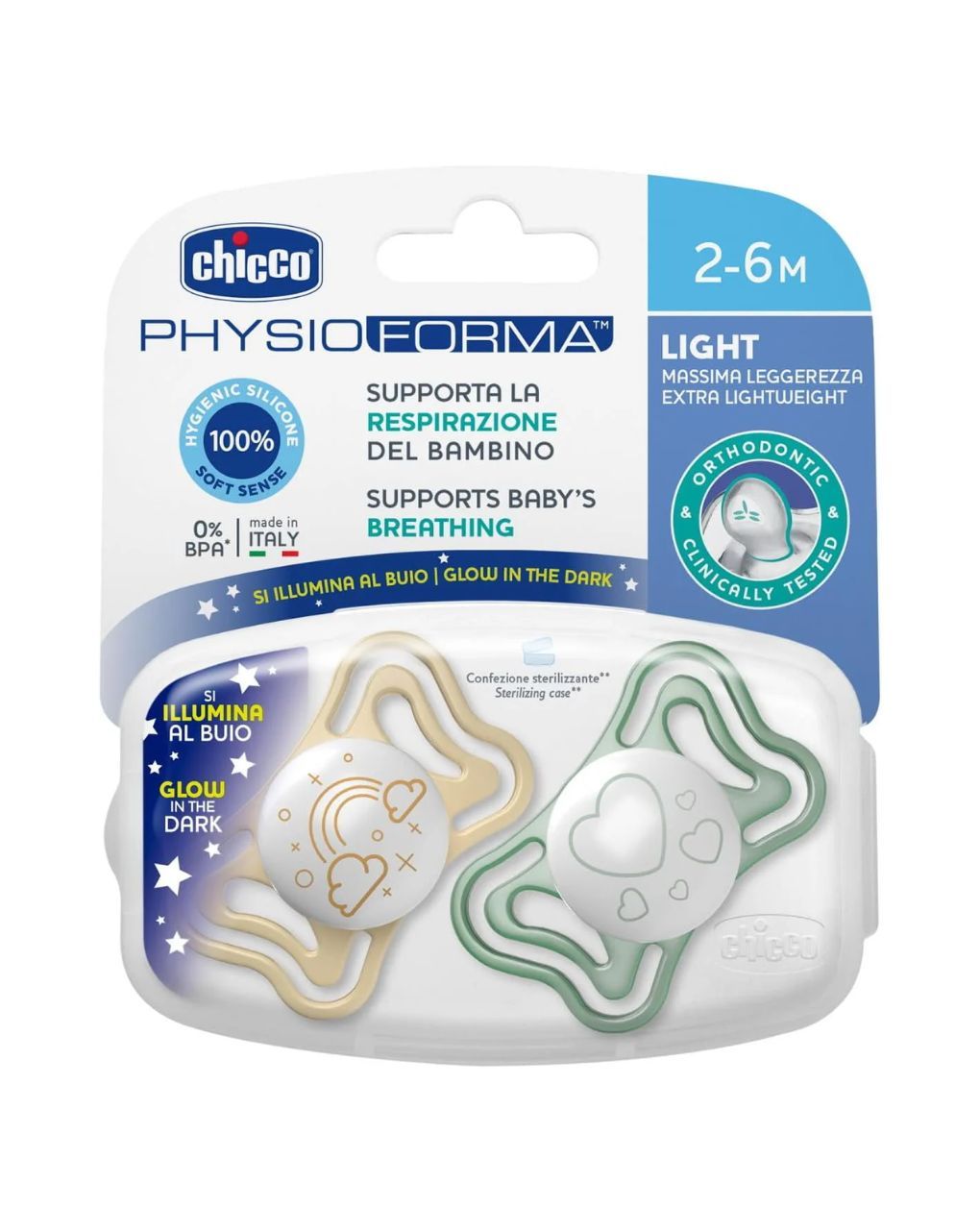 Chicco σετ πιπίλες 2 τμχ physio forma light για τη νύχτα 2-6m - Chicco