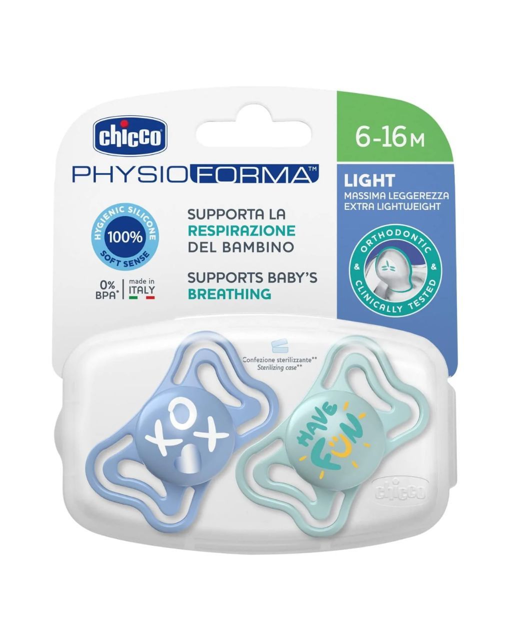 Chicco σετ πιπίλες 2 τμχ physio forma light 6-16m, σιελ - Chicco