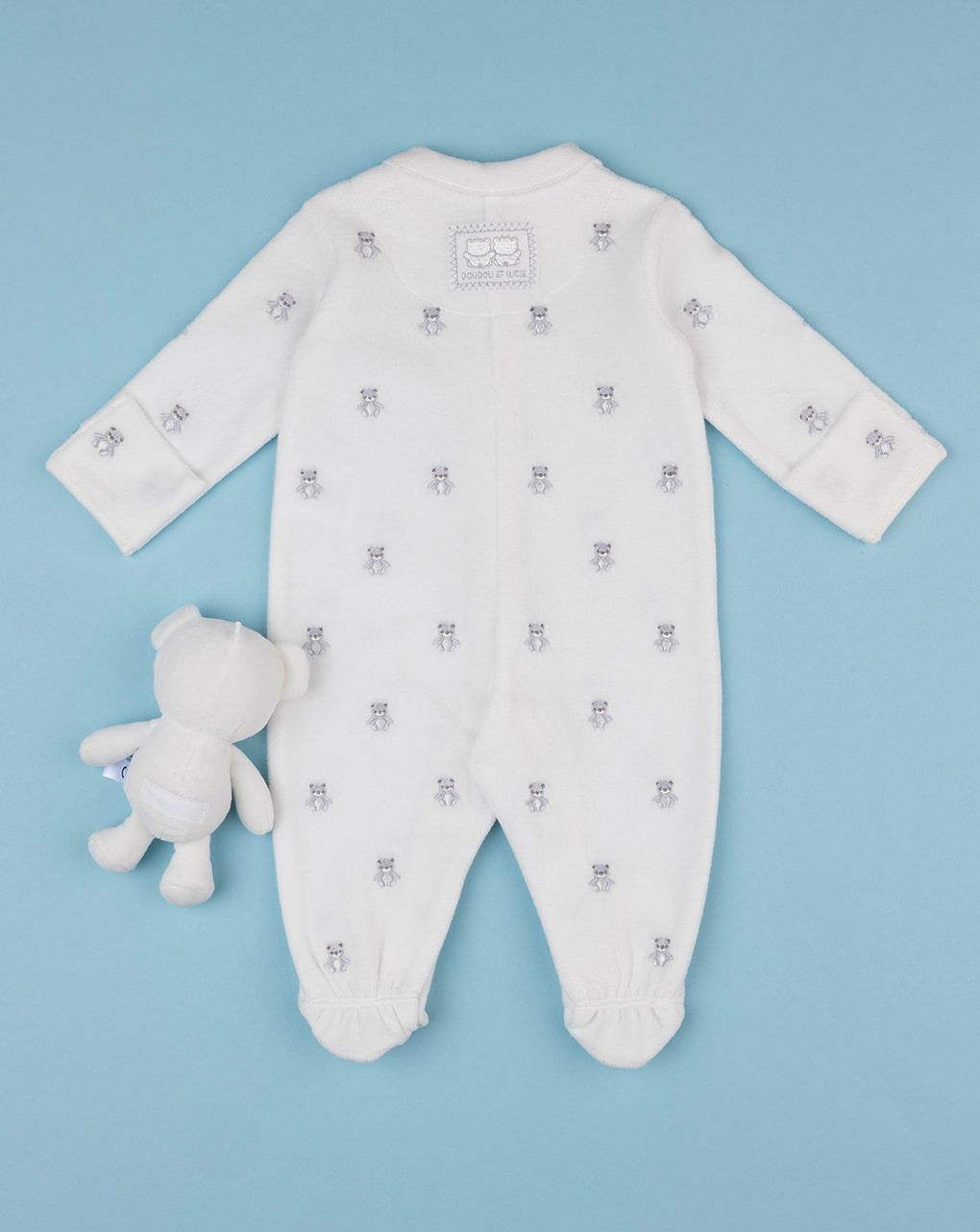 βρεφικό φορμάκι σενίλ λευκό με αρκουδάκια για αγόρι - Prénatal