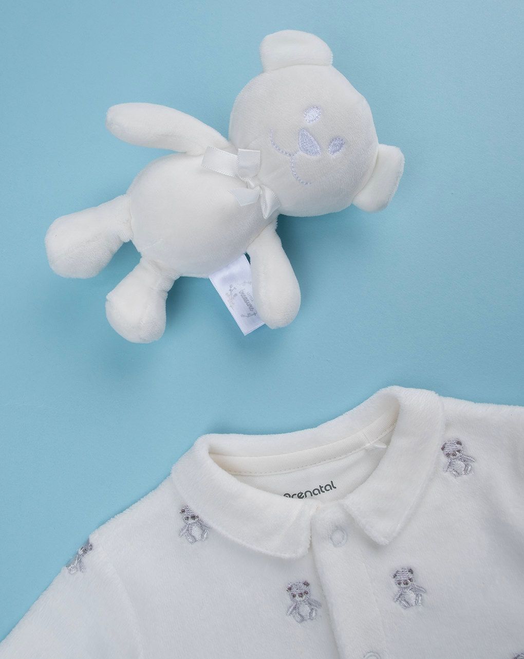 βρεφικό φορμάκι σενίλ λευκό με αρκουδάκια για αγόρι - Prénatal