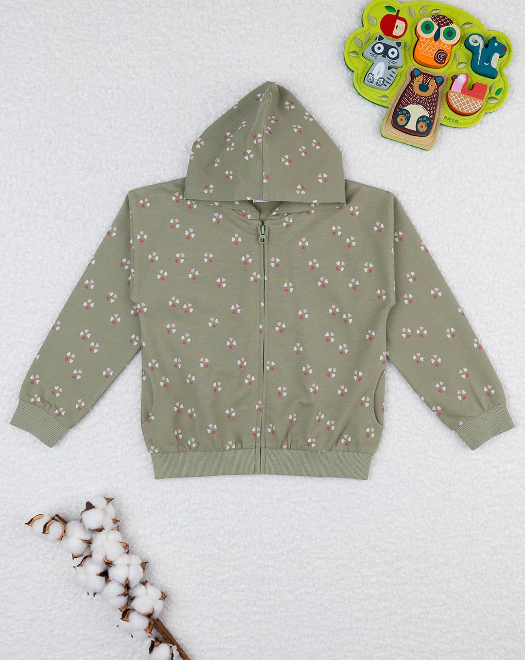 παιδική ζακέτα φούτερ χακί με καρδούλες για κορίτσι