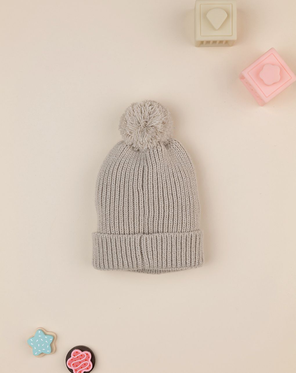 βρεφικός πλεκτός σκούφος λαδί με πον-πον για κορίτσι - Prénatal