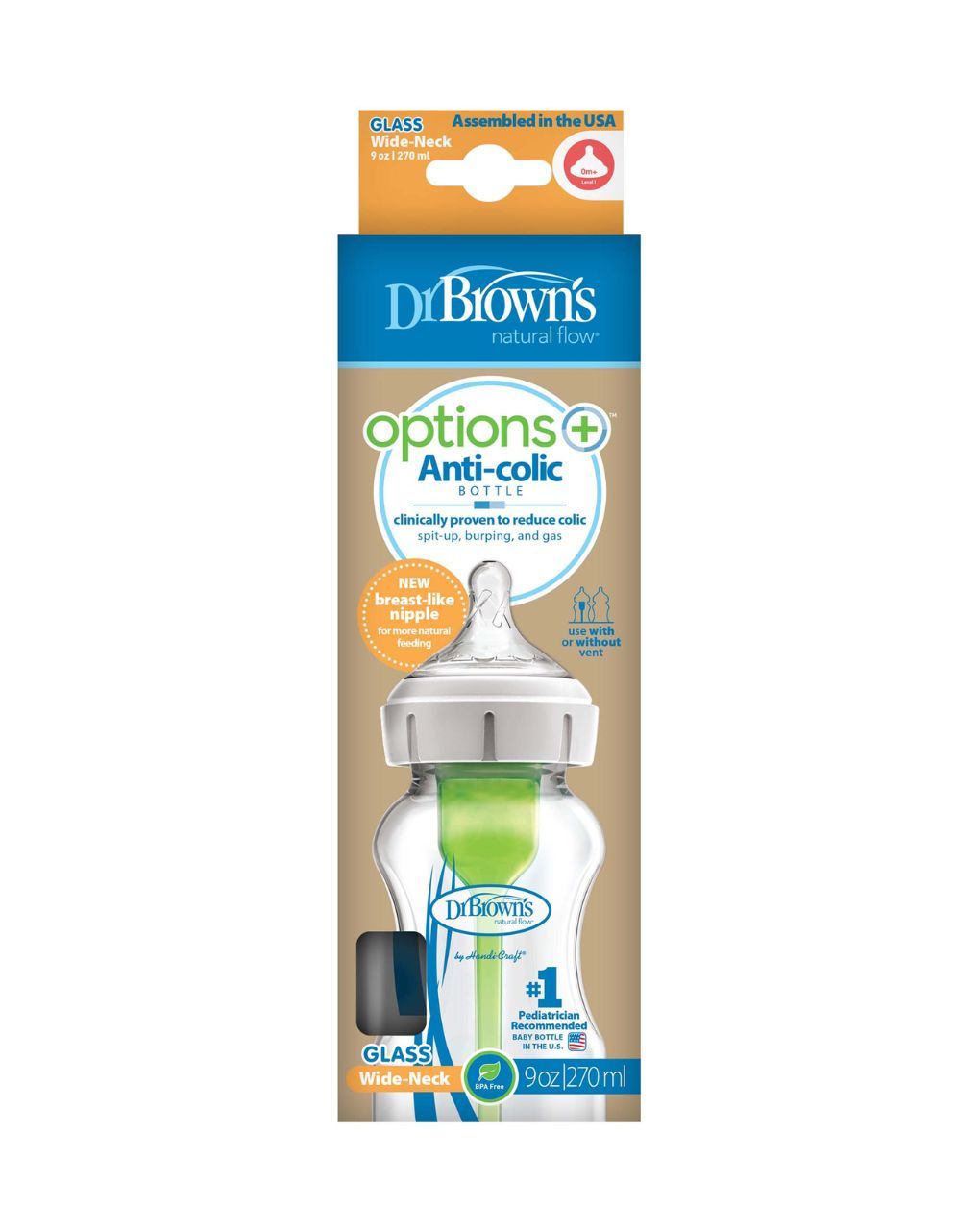 Dr. brown's options+ γυάλινο μπιμπερό με φαρδύ λαιμό & θηλή σιλικόνης 270ml wb91740 - Dr Browns