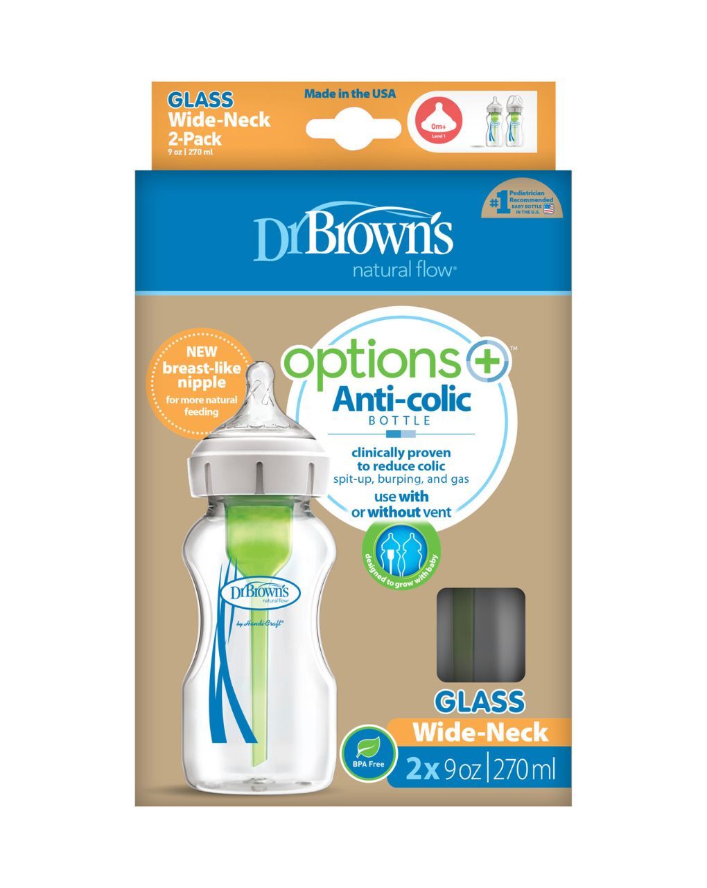 Dr. brown's options+ γυάλινο μπιμπερό με φαρδύ λαιμό & θηλή σιλικόνης 2x270ml wb92740 - Dr Browns