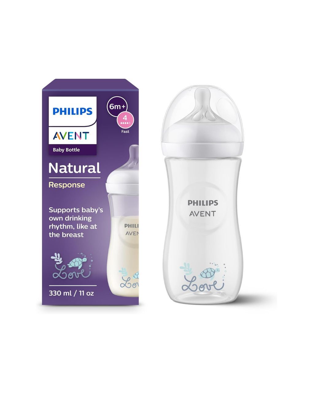 Philips avent πλαστικό μπιμπερό natural response 330ml γρήγορης ροής 6m+ χελώνα scy906/11 - Philips Avent