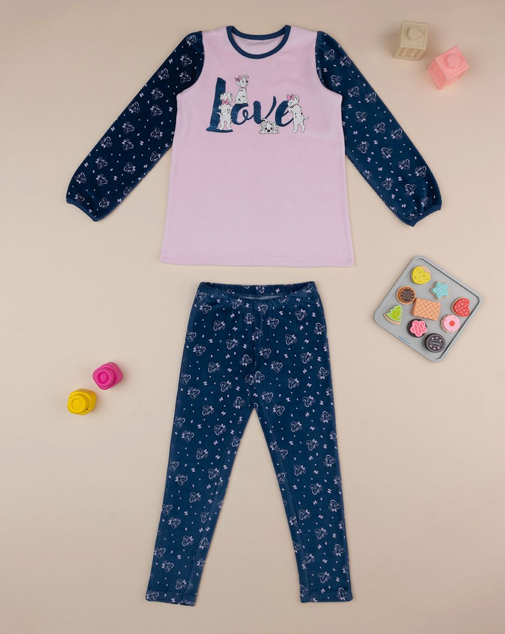 παιδική πιζάμα σενίλ ροζ/μπλε 101 dalmatians για κορίτσι