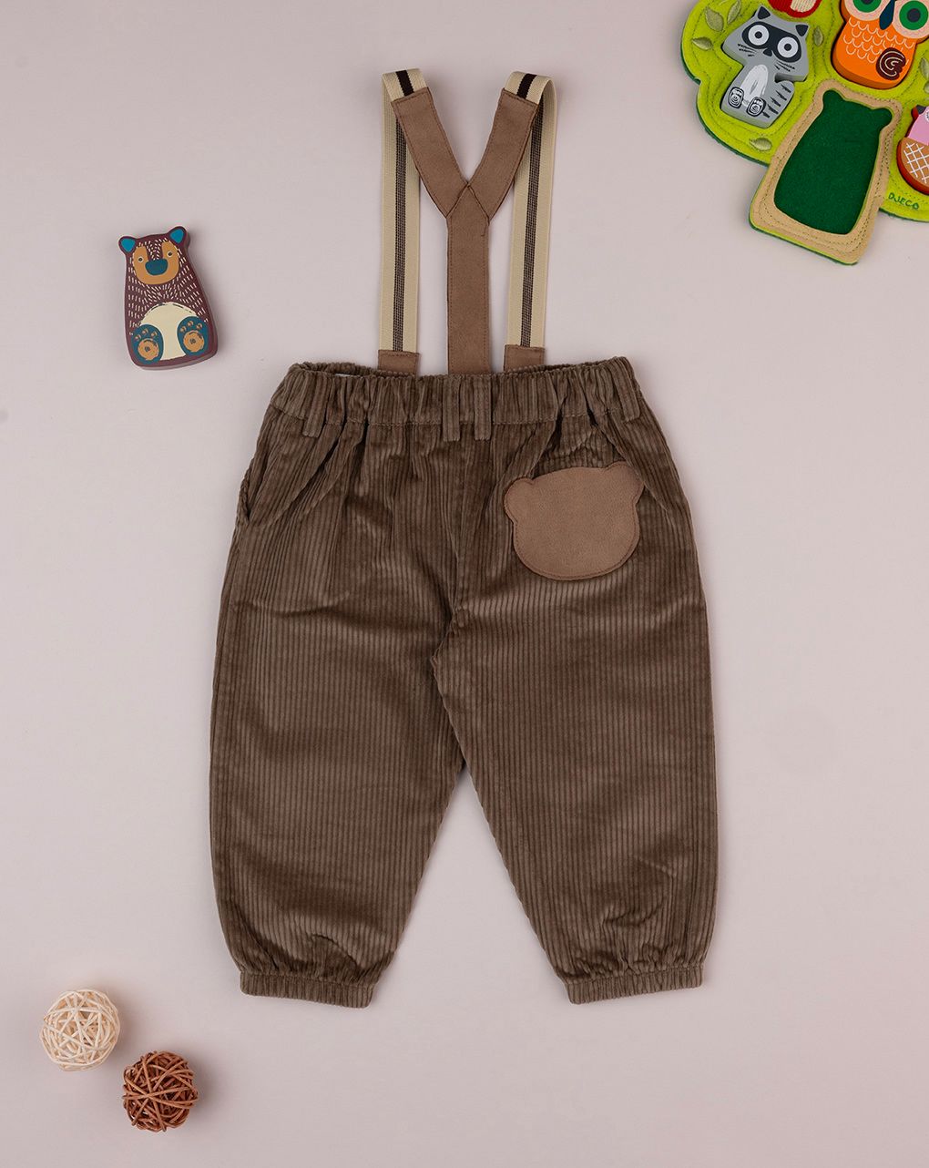 βρεφικό παντελόνι βελουτέ καφέ με τιράντες για αγόρι - Prénatal