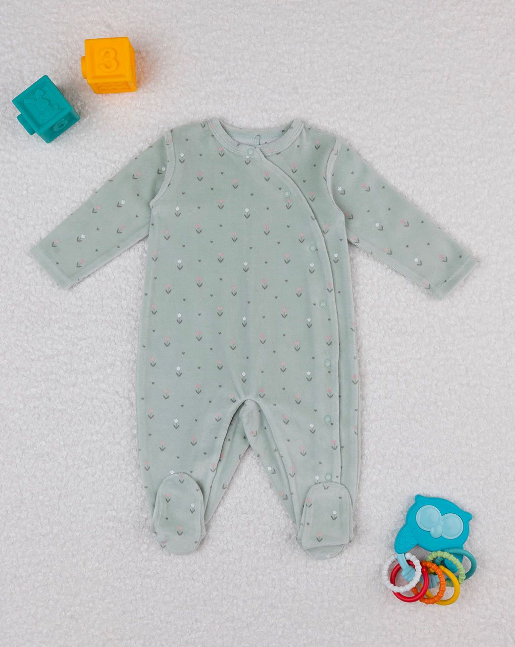 βρεφικό φορμάκι σενίλ πράσινο με λουλουδάκια για κορίτσι - Prénatal