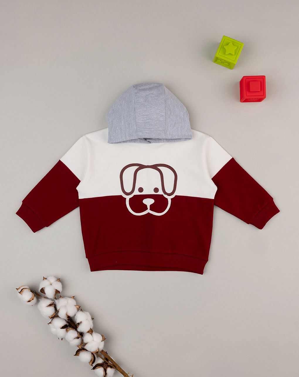 βρεφική μπλούζα φούτερ μπορντώ/λευκή με σκυλάκι για αγόρι