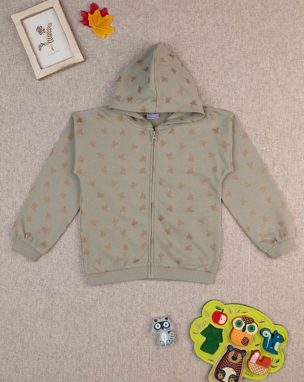 παιδική ζακέτα φούτερ χακί με φύλλα για κορίτσι