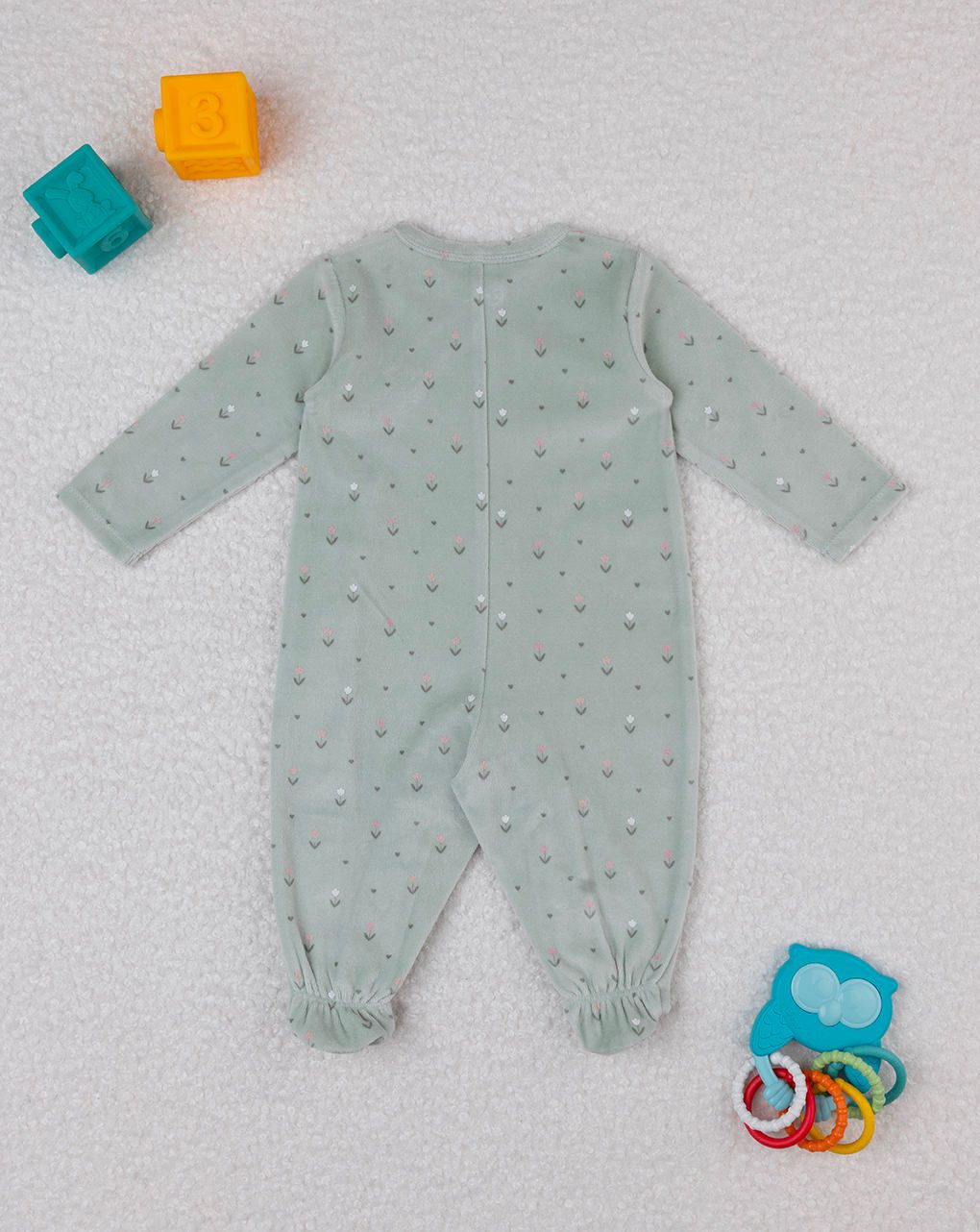 βρεφικό φορμάκι σενίλ πράσινο με λουλουδάκια για κορίτσι - Prénatal