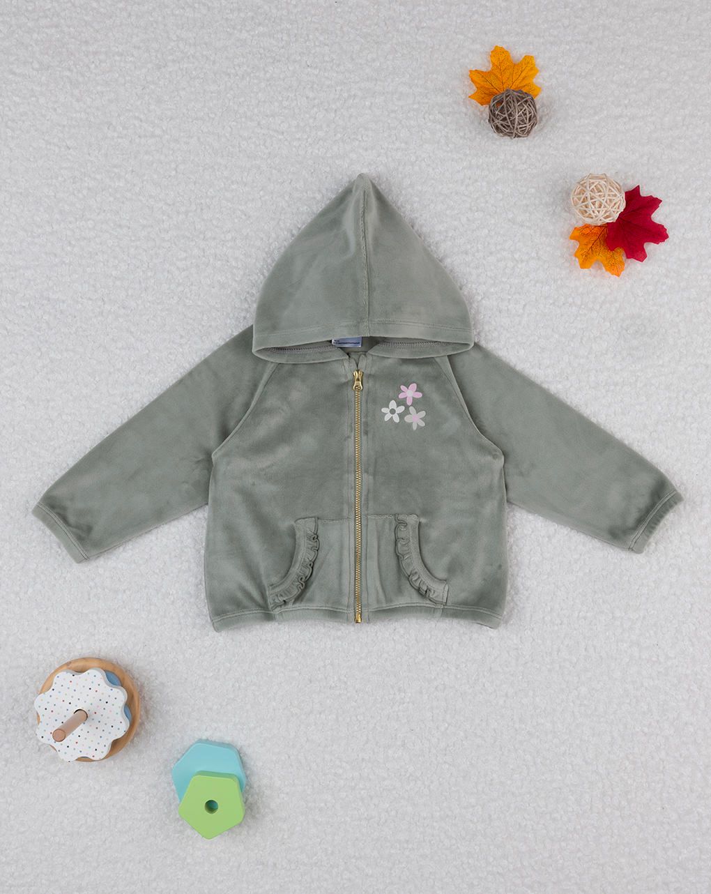 βρεφική ζακέτα fleece χακί με λουλούδια για κορίτσι - Prénatal