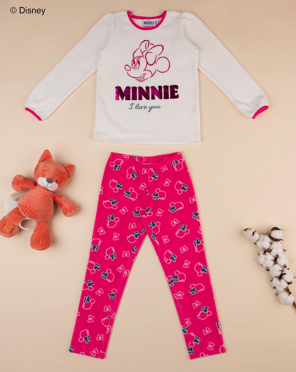 παιδική πιτζάμα fleece λευκή/φούξια minnie για κορίτσι